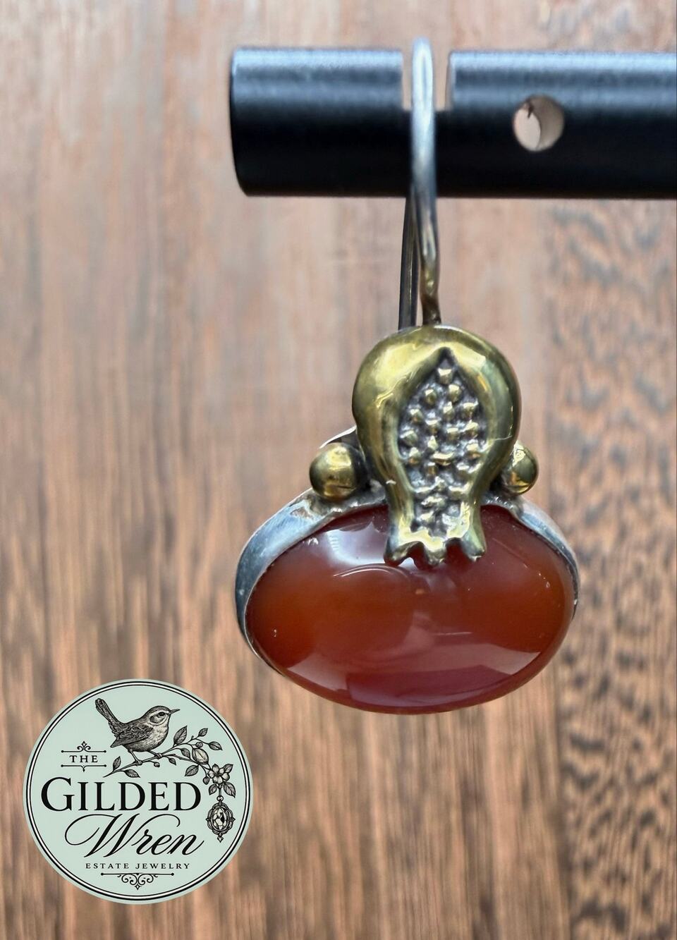 925 Sterling Silver Carnelian Floral Dangle Earrings Gold Tone 1.2" 9.28g